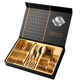 Huitich gold stainless steel cutlery set with forks, knives, spoons in elegant black and gold packaging